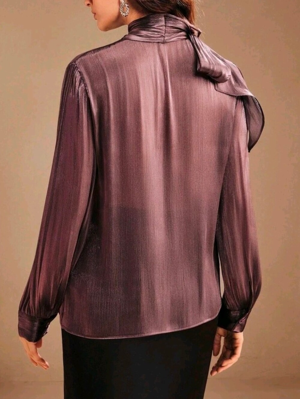 New Chic Metallic Crinkle Bow Tie Neck Top Blouse Purple - Picture 5 of 14